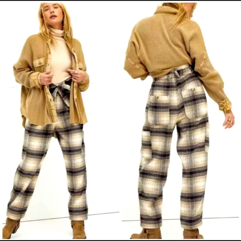 FREE PEOPLE Kye Wool Plaid High Rise Trousers Pants (Size 2)